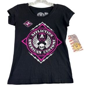 Affliction Women Small Black Pink American Customs Skull Graphic T-Shirt NWT Y2K